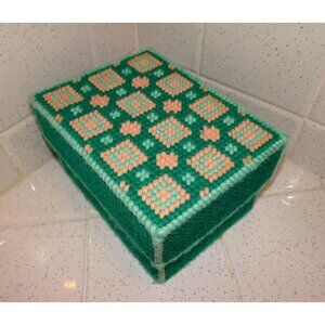 Handmade Aqua & Peach Plastic Canvas Needlepoint Trinket Box cross stitch craft